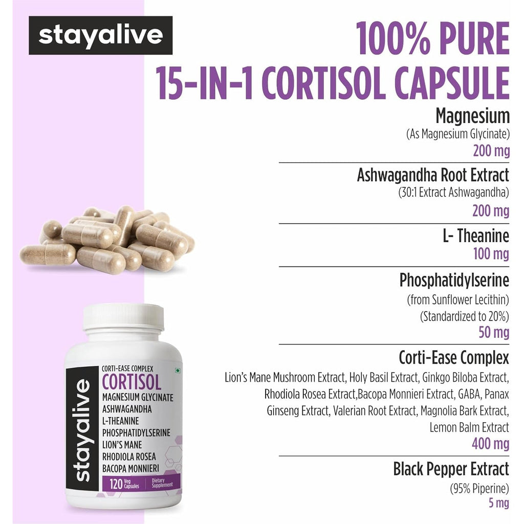 STAY ALIVE Cortisol Manager Supplement 15-In-1 Complex W/L-Theanine, Ashwagandha, Magnesium Glycinate, Phosphatidylserine and More, 120 Veg Capsules, Non-Gmo & Gluten-Free Formula for Women and Men