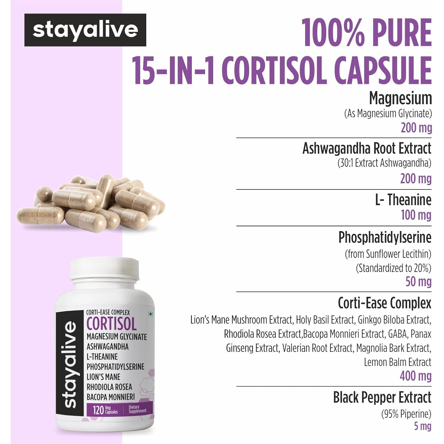 STAY ALIVE Cortisol Manager Supplement 15-In-1 Complex W/L-Theanine, Ashwagandha, Magnesium Glycinate, Phosphatidylserine and More, 120 Veg Capsules, Non-Gmo & Gluten-Free Formula for Women and Men