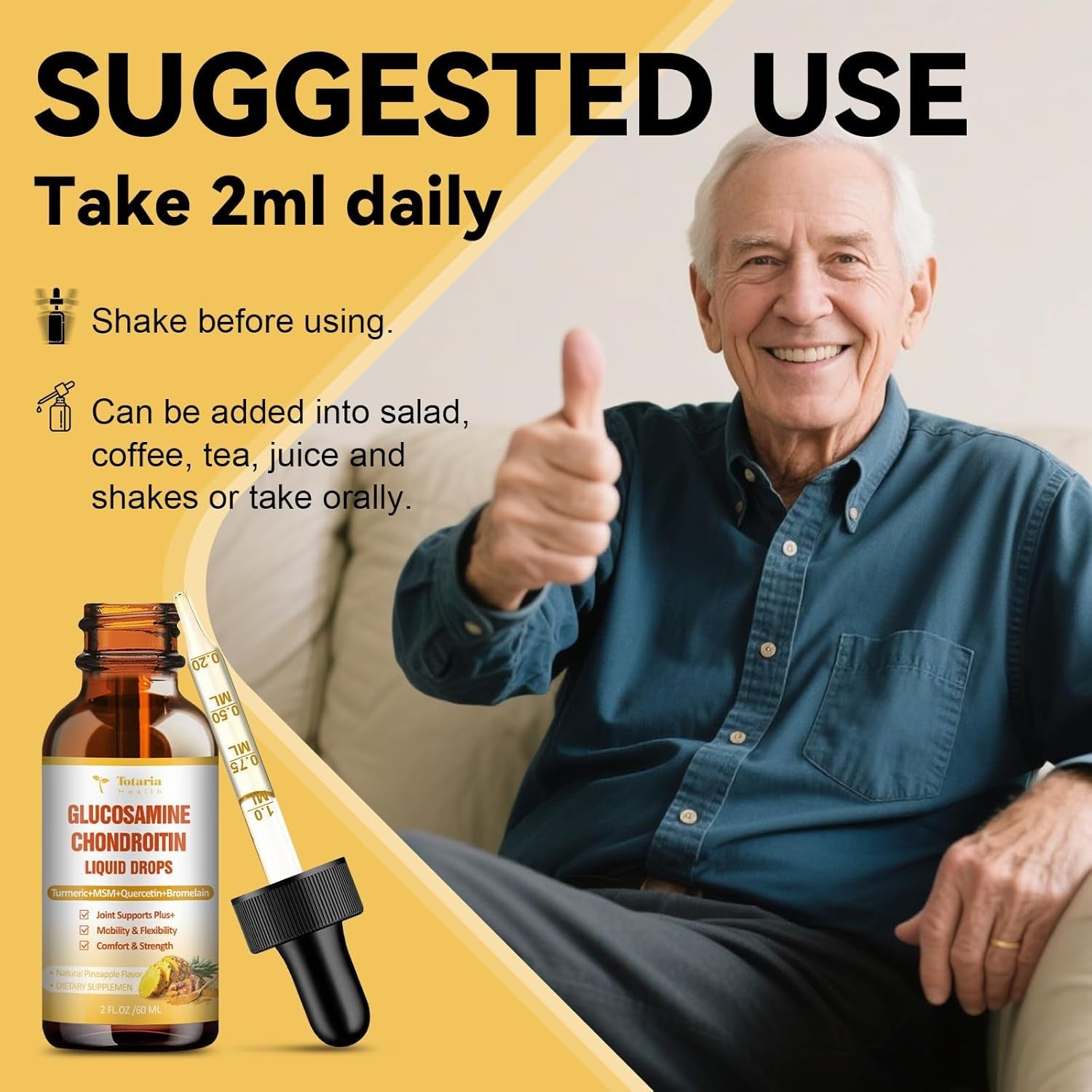 Glucosamine Chondroitin MSM Liquid Drops, Vitamin D3 - Joint Support Supplement for Mobility, Flexibility & Bones Chondroitin Sulfate Supplement Turmeric, Quercetin, Bromelain, MSM Oil 2 FL.OZ