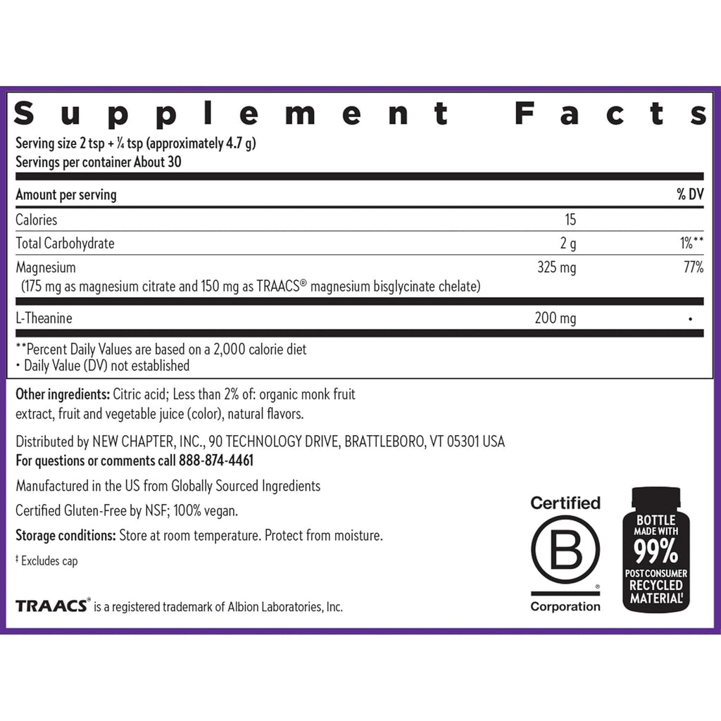 New Chapter Magnesium Glycinate + L-Theanine Supplement Powder, with 325 Mg Magnesium & L-Theanine 200 Mg for Calm, Focus, Mental Clarity, Muscle Relaxation & Cortisol Balance*, 30 Servings