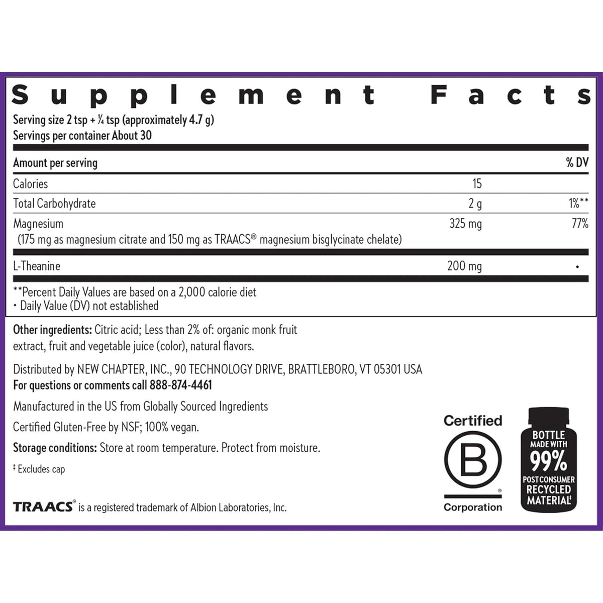 New Chapter Magnesium Glycinate + L-Theanine Supplement Powder, with 325 Mg Magnesium & L-Theanine 200 Mg for Calm, Focus, Mental Clarity, Muscle Relaxation & Cortisol Balance*, 30 Servings