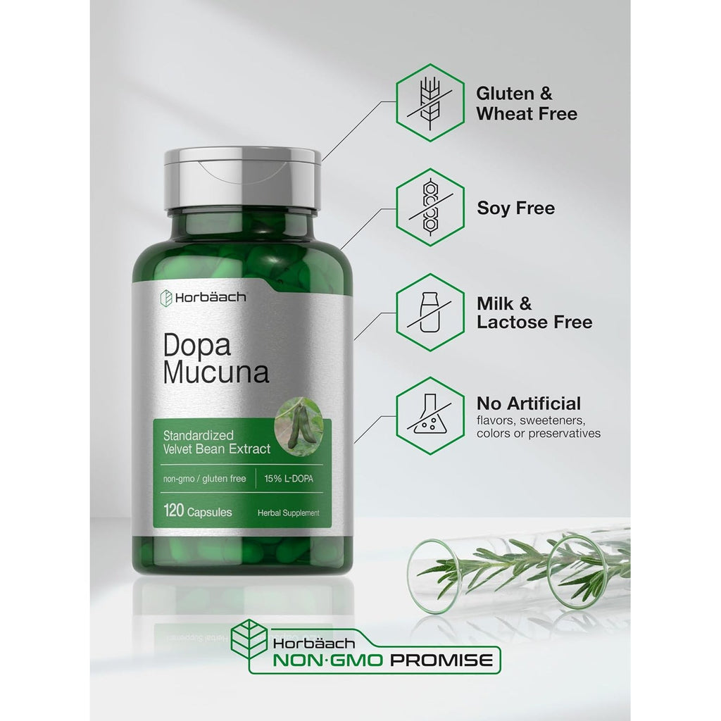 Horbäach Dopa Mucuna Supplement | 120 Capsules | Velvet Bean Herbal Extract | 15% L-Dopa | Non-Gmo & Gluten Free