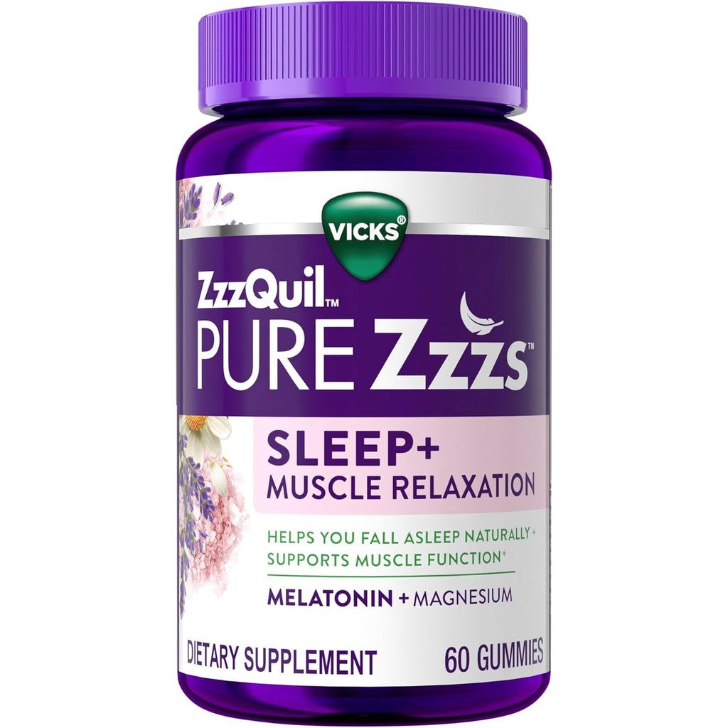 Zzzquil Pure Zzzs Muscle Relaxation Melatonin Sleep Aid Gummies, Supports Muscle Function, Helps You Fall Asleep Naturally, Fast, Melatonin + Magnesium, No Next-Day Grogginess, Drug-Free, 60Ct