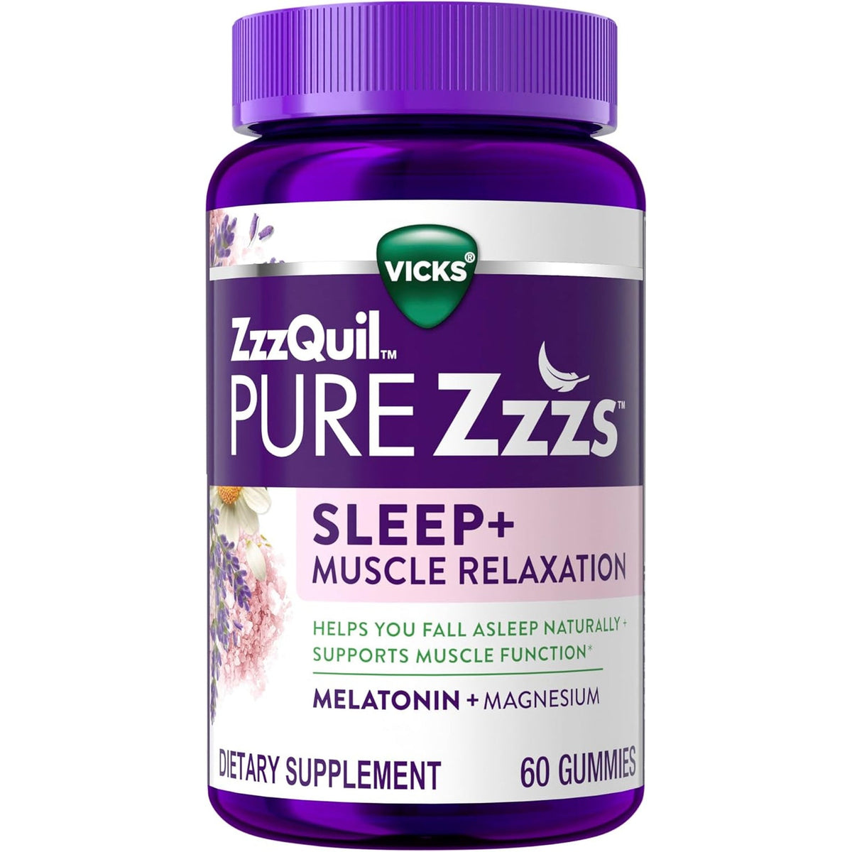 Zzzquil Pure Zzzs Muscle Relaxation Melatonin Sleep Aid Gummies, Supports Muscle Function, Helps You Fall Asleep Naturally, Fast, Melatonin + Magnesium, No Next-Day Grogginess, Drug-Free, 60Ct