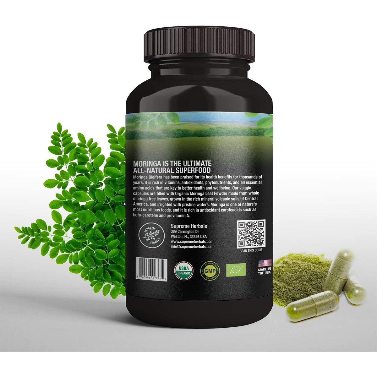 SUPREME HERBALS, 100% Raw and Pure Moringa Leaf Powder Capsules. Organic Certified Moringa Leaf. Natural Superfood with Essential Amino Acids, Antioxidants and Omega 3, 500Mg, 120 Capsules.