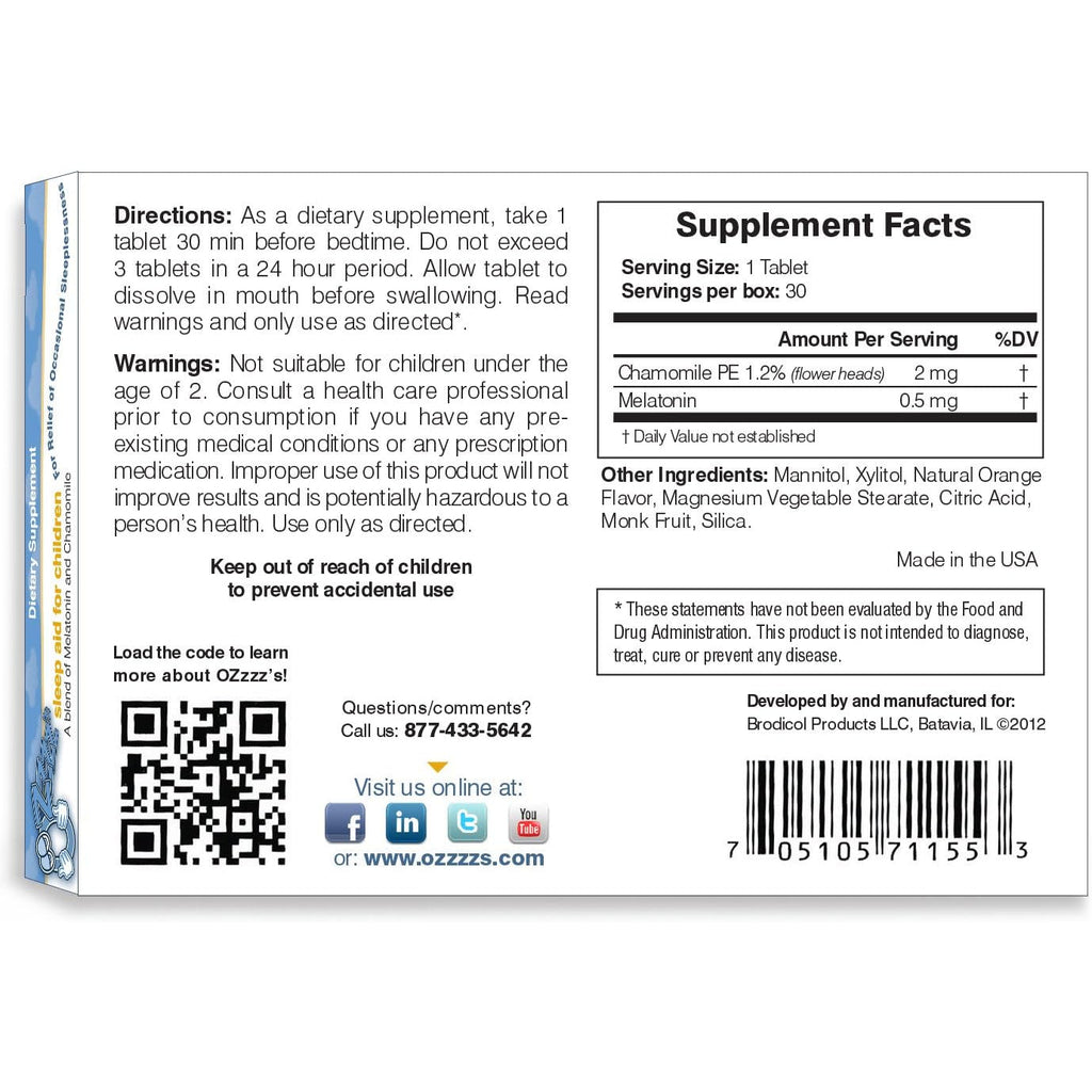 Ozzzz’S Sleep Aid for Children, with Melatonin and Chamomile, Pediatrician Formulated, Zero Sugar, Vegan, Orange Dream Flavor, 30 EZ Melt Tablets