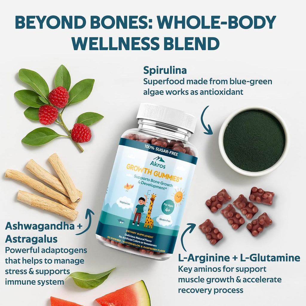 Akros Growth Gummies for Kids & Teens | Sugar-Free Calcium + Vitamin D3 & K2 Gummies - Height & Bone Support | Ashwagandha, Spirulina, L-Arginine | Non-Gmo, Gluten-Free, 60 Raspberry-Watermelon Bears