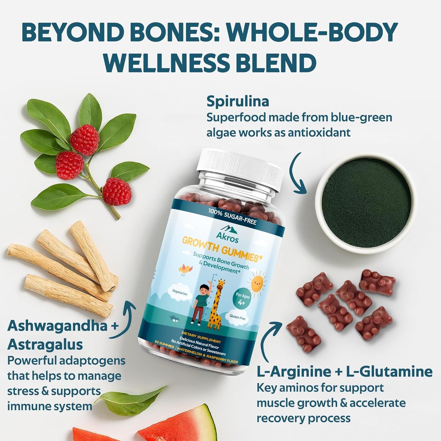 Akros Growth Gummies for Kids & Teens | Sugar-Free Calcium + Vitamin D3 & K2 Gummies - Height & Bone Support | Ashwagandha, Spirulina, L-Arginine | Non-Gmo, Gluten-Free, 60 Raspberry-Watermelon Bears