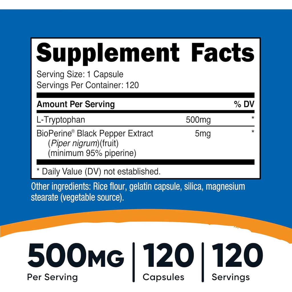Nutricost L-Tryptophan 500Mg, 120 Capsules - with Bioperine, Gluten Free, Non-Gmo