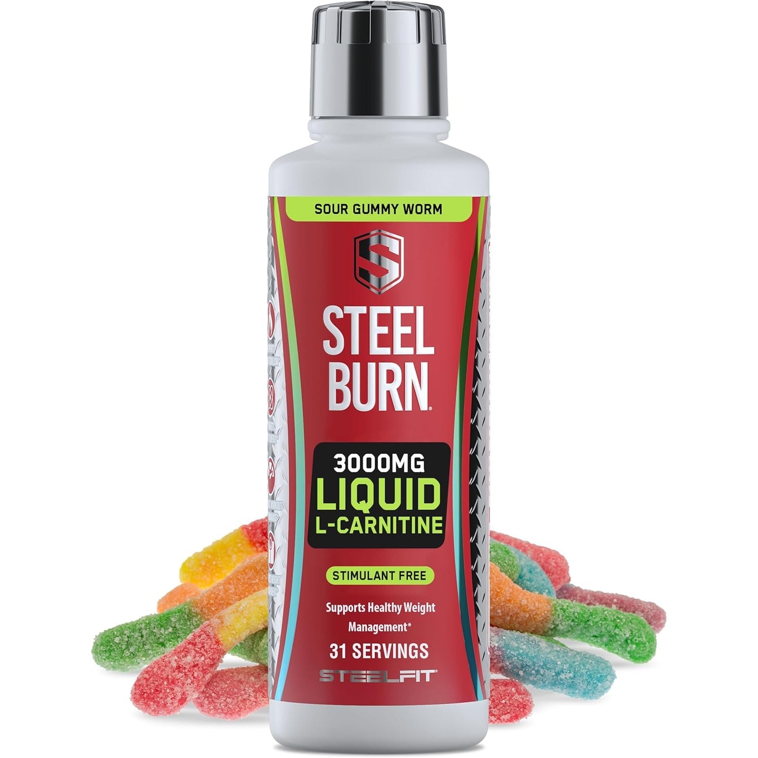 Steelfit Steel Burn, Premium Liquid L-Carnitine, 3000Mg - Stimulant-Free & Clean Workout Drink for Men & Women Supports Healthy Weight Loss Management & Fat Metabolism - 31 Servings, Sour Gummy Worm
