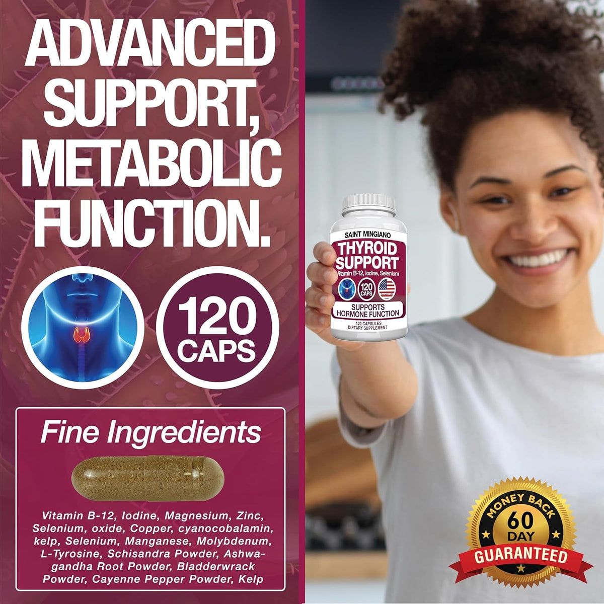 Thyroid Support Supplement with Iodine |120 Capsules to Help Body Mass & Improve Energy, Cardiovascular, Energy & Focus Formula | 14 Natural Vitamins