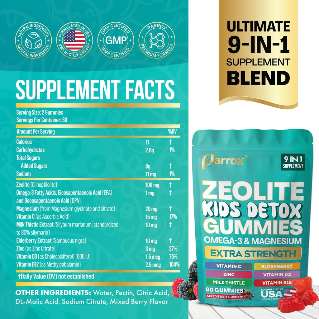 Zeolite Kids Gummies, 9-In-1 with Zeolite, Omega-3, Magnesium, Elderberry, Vitamin C, Milk Thistle, Vitamin D3, Zinc, B12 – Sugar-Free (60 Gummies – Mixed Berry Flavor)