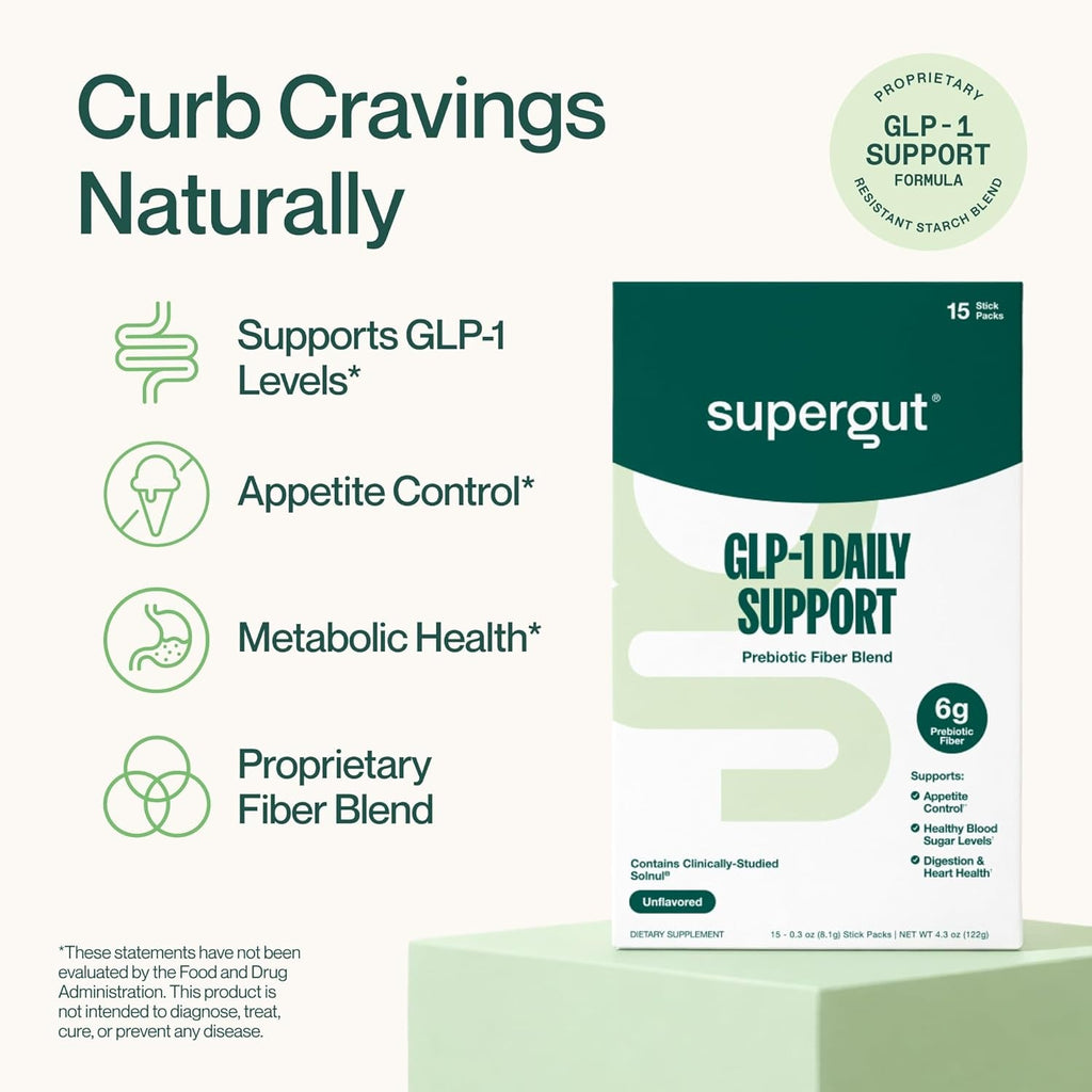 Supergut GLP1 Daily Support - High Fiber GLP-1 Supplement Powder for Women & Men - Sugar-Free Drink Mix for Gut Health (15 Servings)