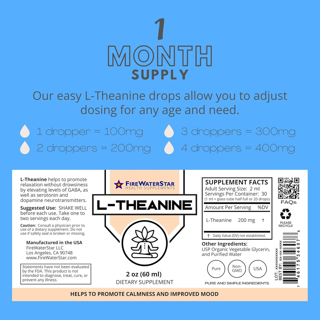FWS L Theanine Liquid Drops, 200Mg 99% Pure Bioactive L-Theanine, Organic, Natural, Vegan, Non GMO Helps to Promote Calmness, Relaxation, Improved Mood, Restful Sleep, for Adults and Kids