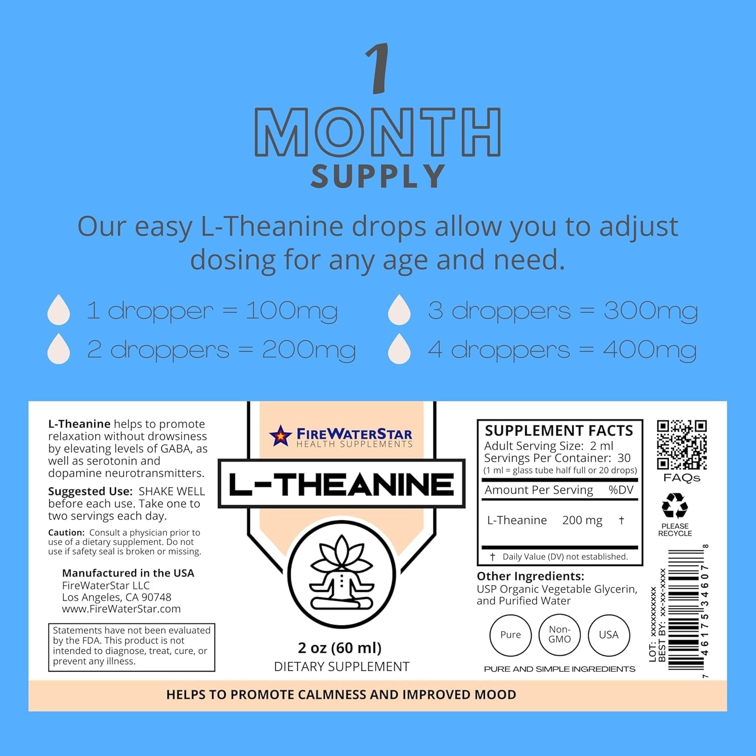 FWS L Theanine Liquid Drops, 200Mg 99% Pure Bioactive L-Theanine, Organic, Natural, Vegan, Non GMO Helps to Promote Calmness, Relaxation, Improved Mood, Restful Sleep, for Adults and Kids