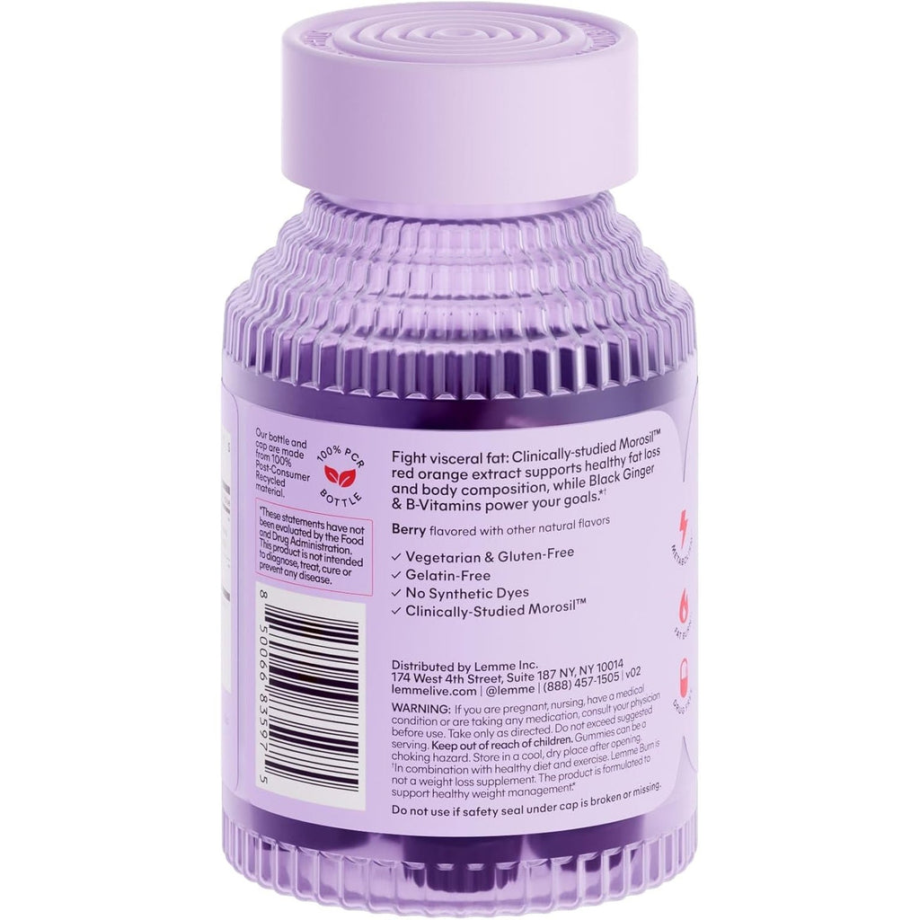 Lemme Burn Belly Fat & Metabolism Gummies for Women & Men with Clinically Studied Morosil, Black Ginger, B6, B12, Chromium, Vegan, Gluten-Free, Berry Flavor (60 Count)