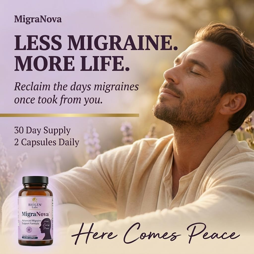 Migranova - Migraine Relief & Daily Prevention for Migraine Sufferers — Magnesium & Riboflavin B2 + Neurocalm Blend with Feverfew, Coq10, L-Theanine & Ginger, Vegan, Non-Gmo, USA Made, 60 Capsules