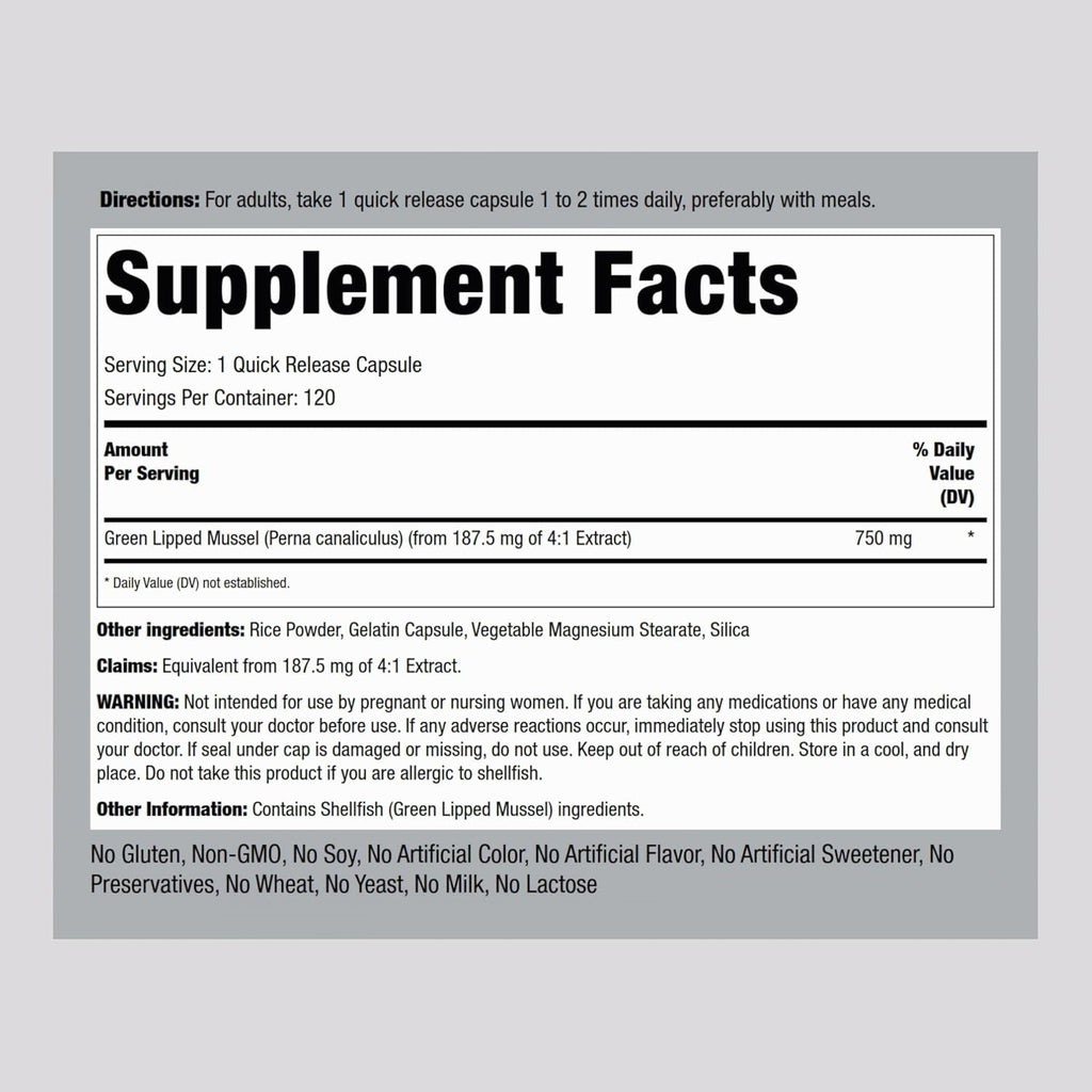 Piping Rock Green Lipped Mussel | 120 Capsules | Supplement for Humans | Freeze Dried from New Zealand | Non-Gmo, Gluten Free