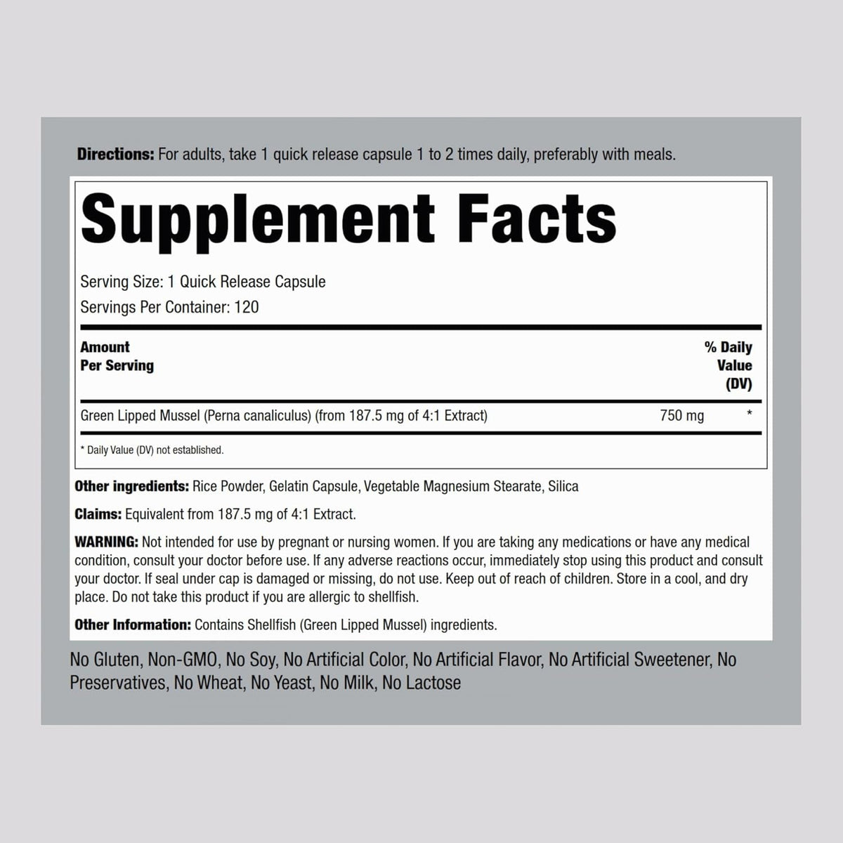 Piping Rock Green Lipped Mussel | 120 Capsules | Supplement for Humans | Freeze Dried from New Zealand | Non-Gmo, Gluten Free