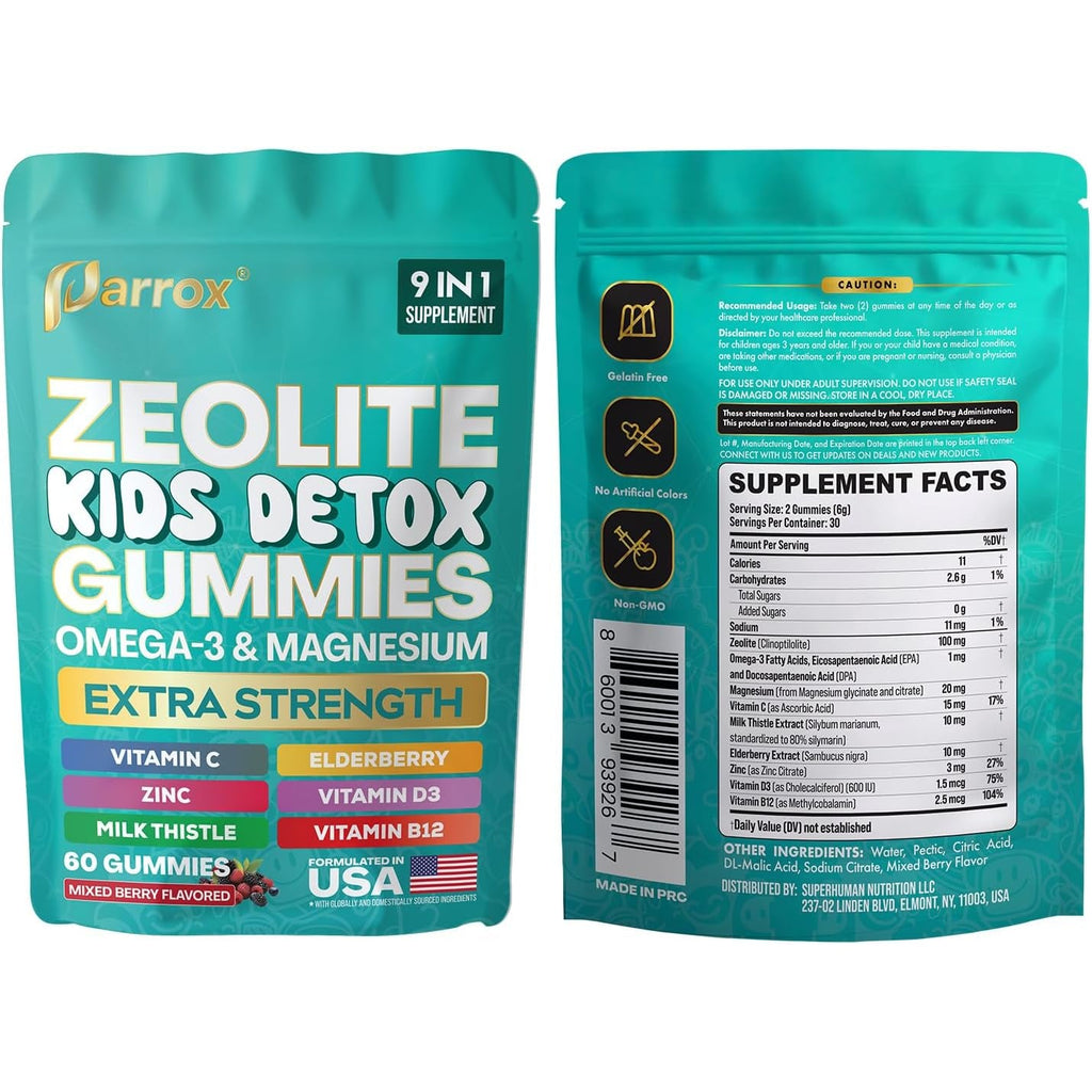 Zeolite Kids Gummies, 9-In-1 with Zeolite, Omega-3, Magnesium, Elderberry, Vitamin C, Milk Thistle, Vitamin D3, Zinc, B12 – Sugar-Free (60 Gummies – Mixed Berry Flavor)