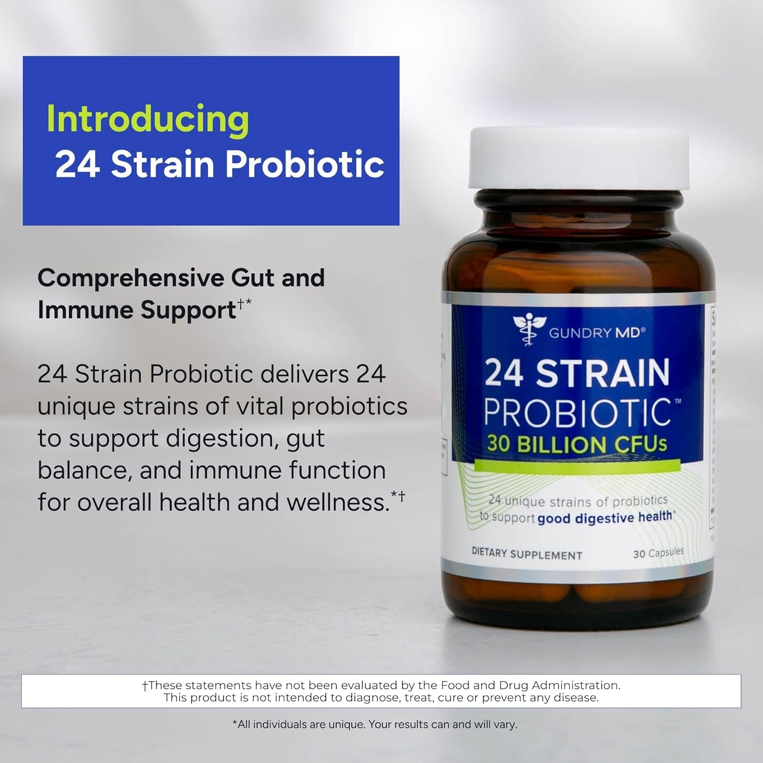 Gundry MD® 24 Strain Probiotic – 30 Billion Cfus for Gut Health, Digestion and Immune Support, 30 Capsules