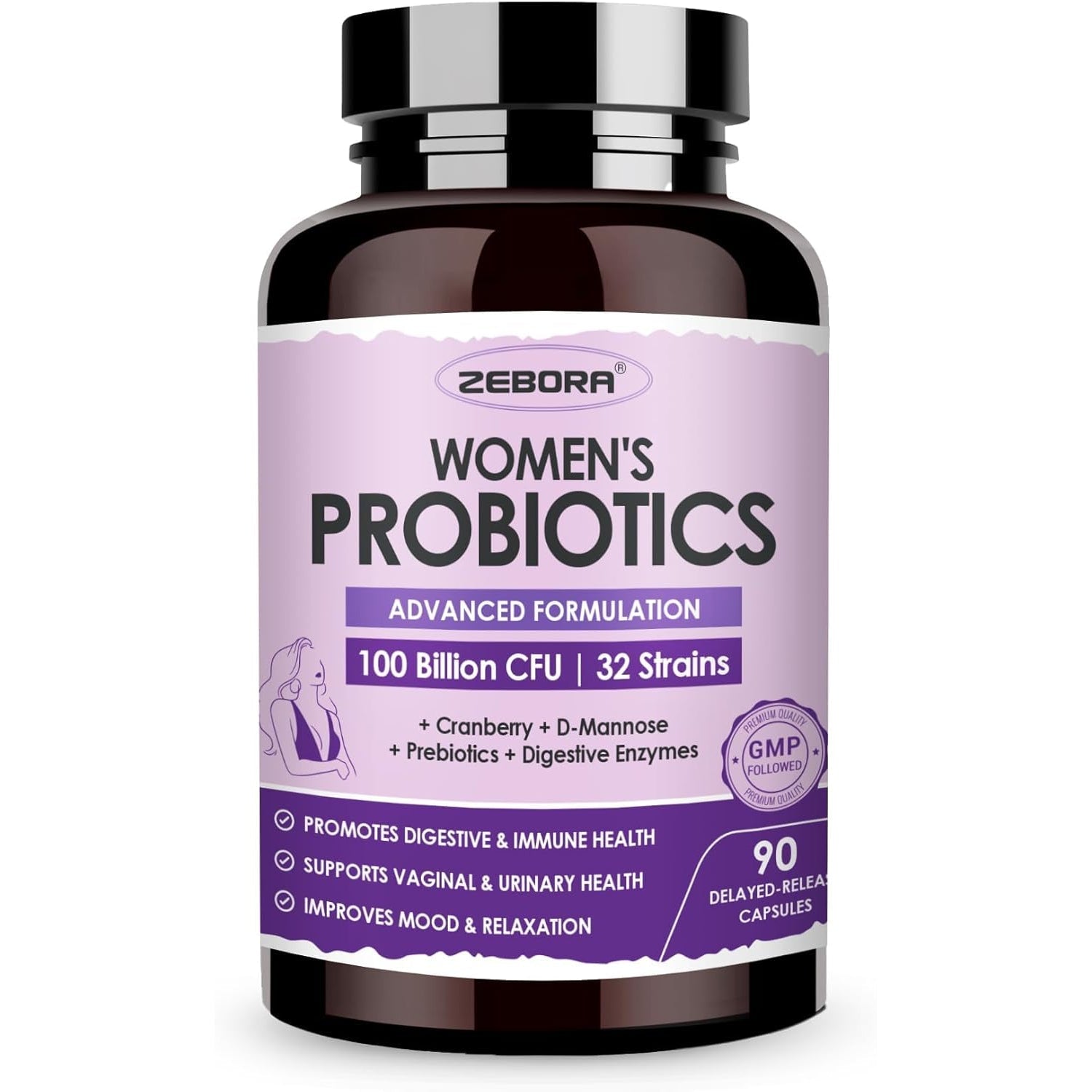 ZEBORA Probiotics for Women Digestive Health with Enzymes & Prebiotics 100 Billion Cfus| Vaginal Probiotics with D Mannose & Cranberry | Urinary Tract Health | Immune Support, 90 Capsules