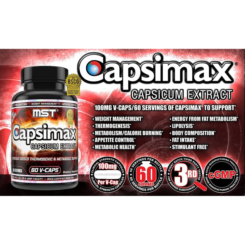 MST Capsimax Supplement 100Mg V Capsules, 60 Servings Clinically Dosed Weight Management, Thermogenic, Appetite Control, Calorie Burning, Metabolic Health, Stimulant Free. BSCG Certified