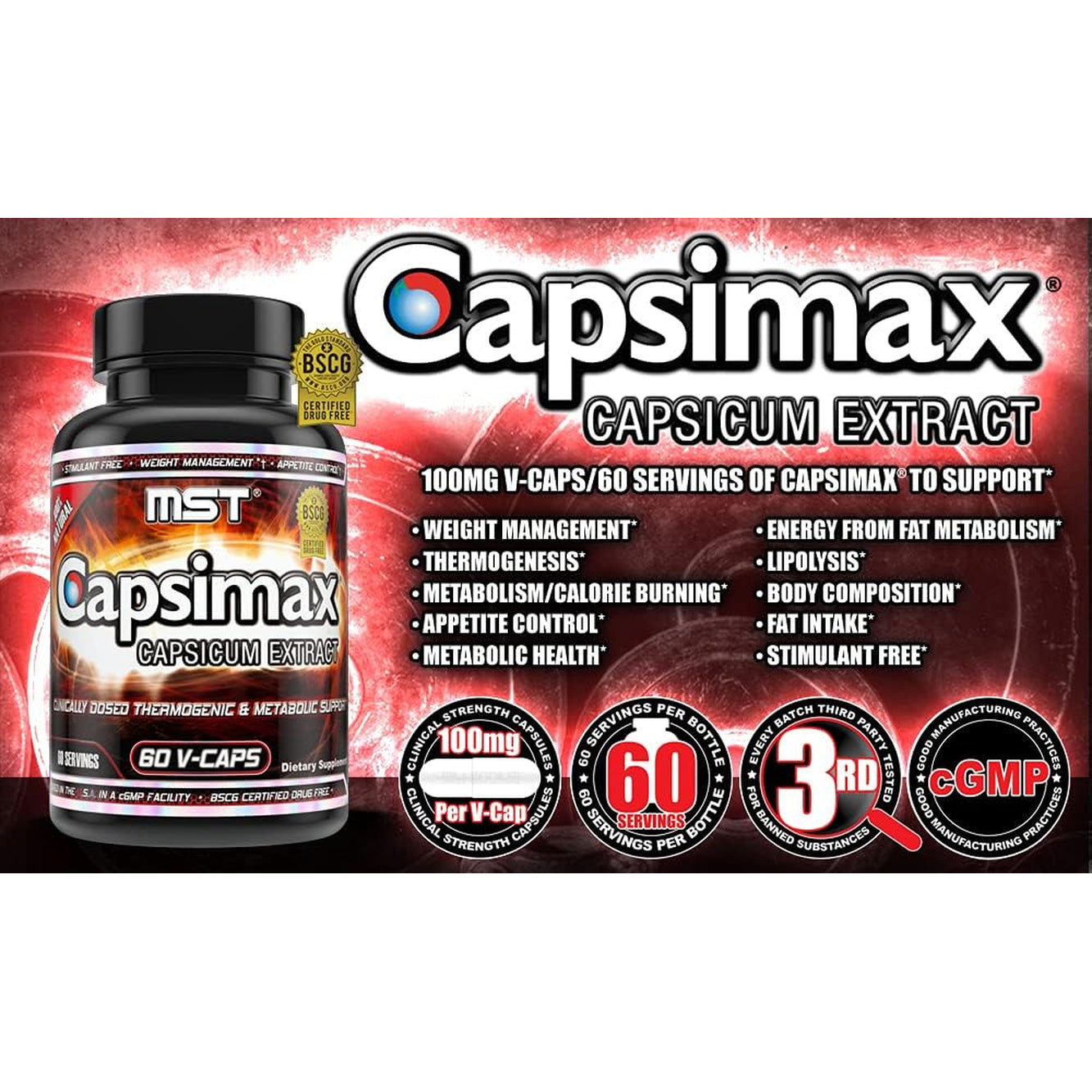MST Capsimax Supplement 100Mg V Capsules, 60 Servings Clinically Dosed Weight Management, Thermogenic, Appetite Control, Calorie Burning, Metabolic Health, Stimulant Free. BSCG Certified