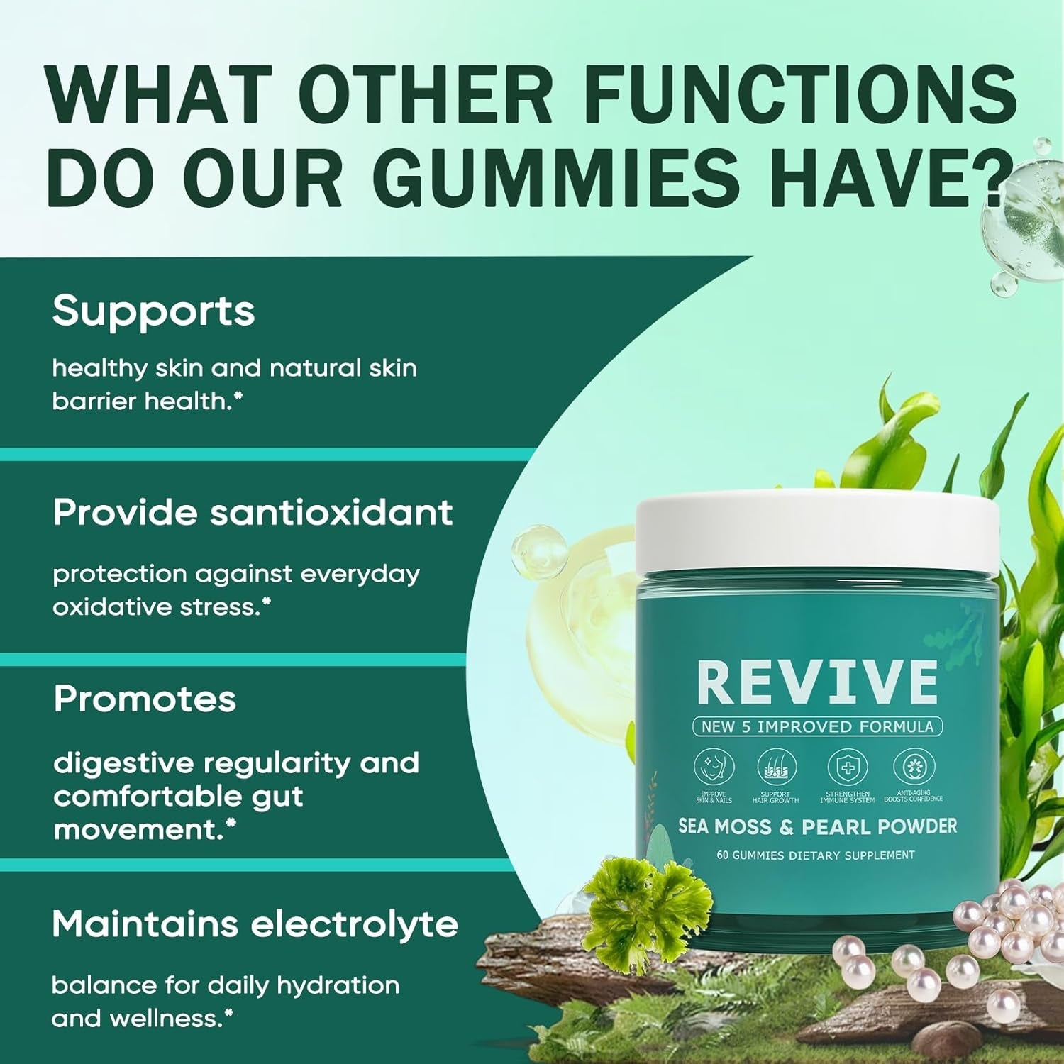 Revive Hair Gummies, Balmbare Revive Gummies for Hair, Promotes Thicker, Fuller, Stronger Hair, with Organic Irish Sea Moss, Pearl Powder Glow, Vitamin C/E, Aloe Vera, 60 Count
