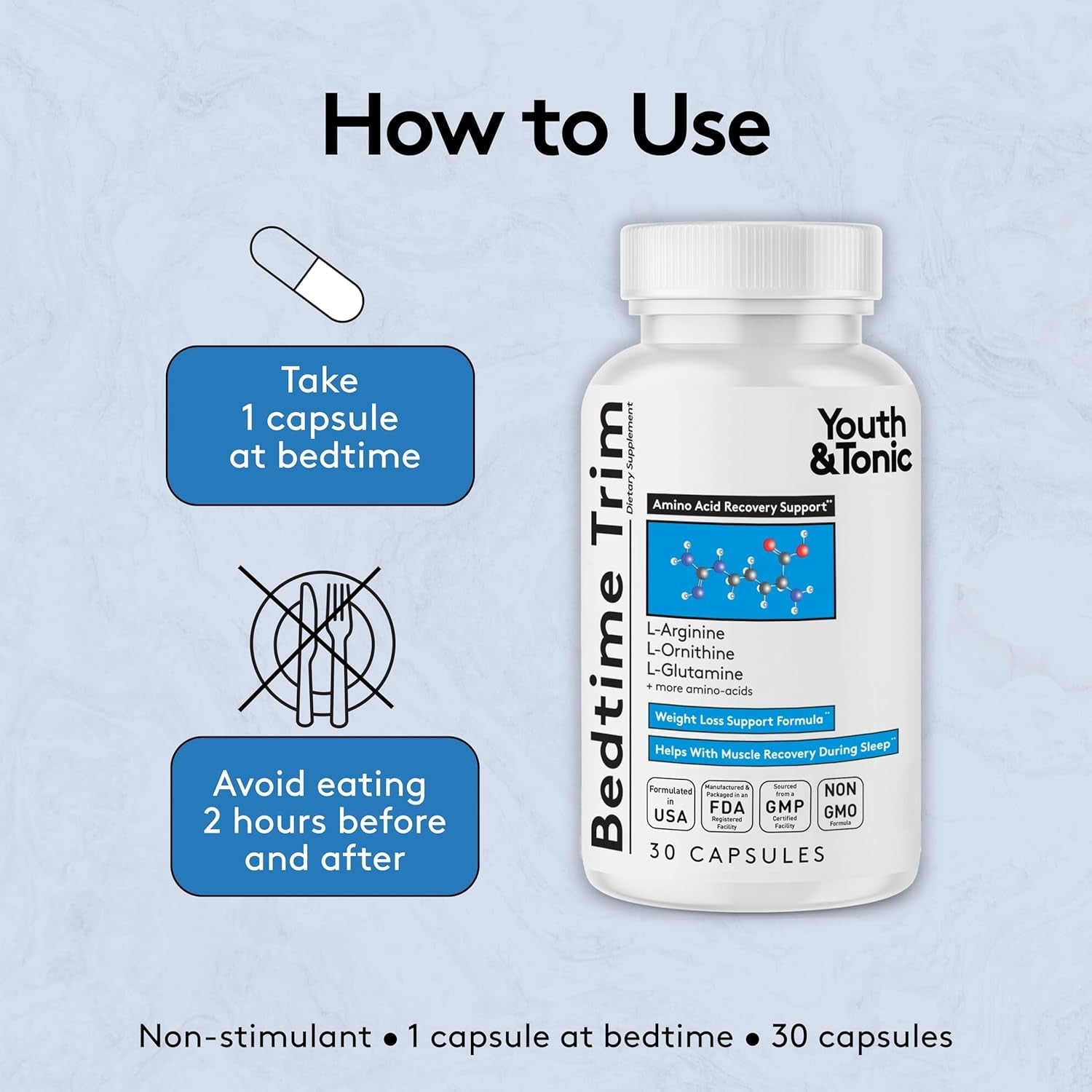 Youth & Tonic PM Bedtime Trim for Lean Appearance & Muscle Definition Support – Nighttime Amino Acids Supplement for Overnight Recovery, Men & Women, 30 Capsules