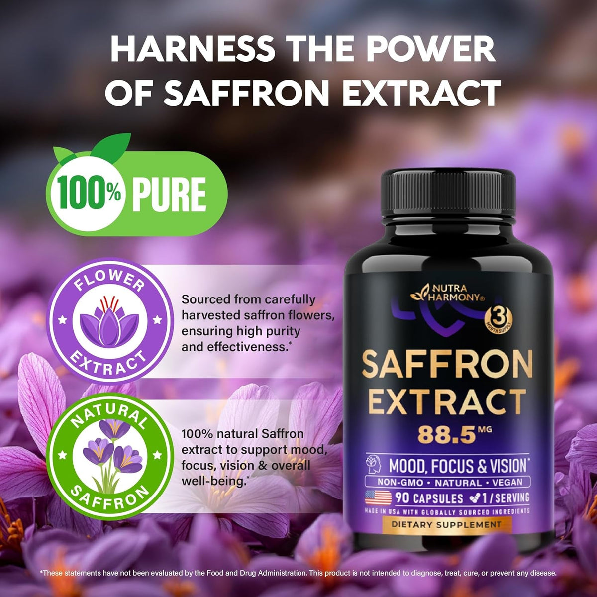 Natural Saffron Supplements - Pure Saffron Extract 88.5 Mg - Mood | Focus | Vision | Energy Support - Eye Health for Women & Men - Lab Tested - Nongmo Vegan Pills - 90 Powder Capsules, 3 Month Supply