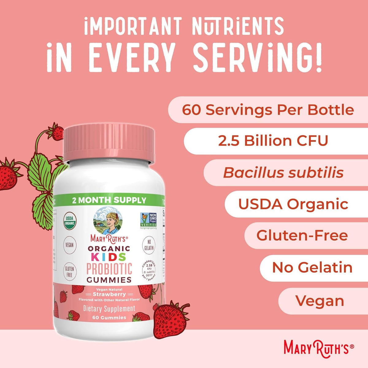 Maryruth Organics Kids Probiotics for Digestive Health | USDA Probiotic Gummies | 2 Month Supply | Kids Probiotics | Immune Support | Gut Health Supplement | Vegan | Non-Gmo | Gluten Free | 60 Count
