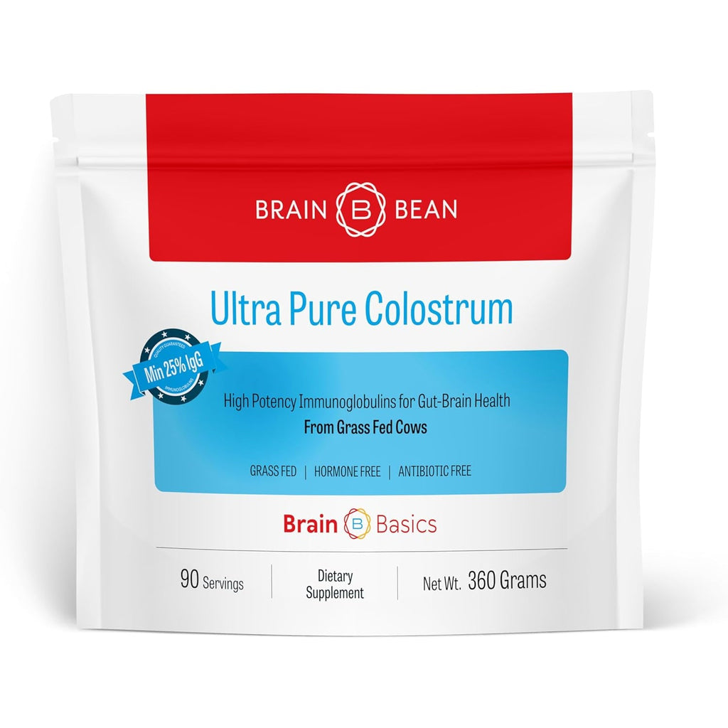 Brain Basics Ultra-Pure Colostrum, 4000Mg per Serving, Min 25% Igg Antibodies, Gut-Brain-Immune Health, Glowing Hair and Skin. Colostrum Powder from Grass-Fed Cows. 360 Grams - 90 Servings