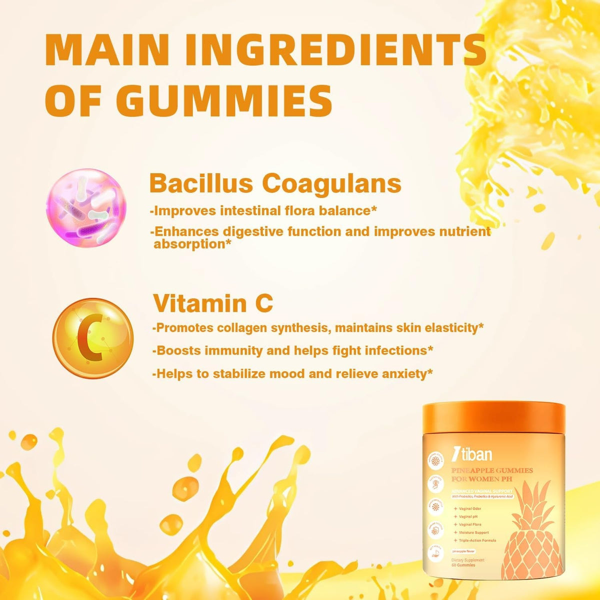 Pineapple Gummies for Women Ph, Premium Feminine Ph Balance Gummy, Vaginal Probiotics, Immune Support, Vegan, Gluten-Free, 60 Gummies 30 Servings