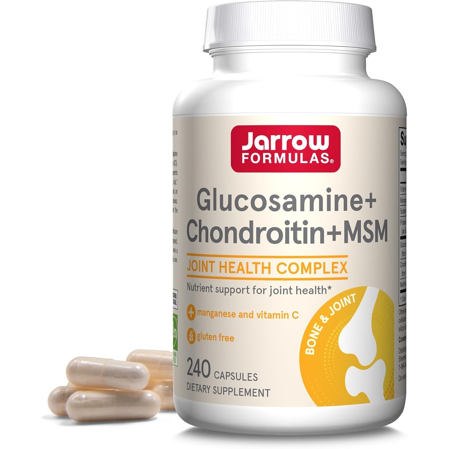 Jarrow Formulas Glucosamine, Chondroitin, and MSM Capsules; Joint Support Supplement with Vitamin C and Manganese, Bone & Joint Health, 240 Capsules, 60 Day Supply