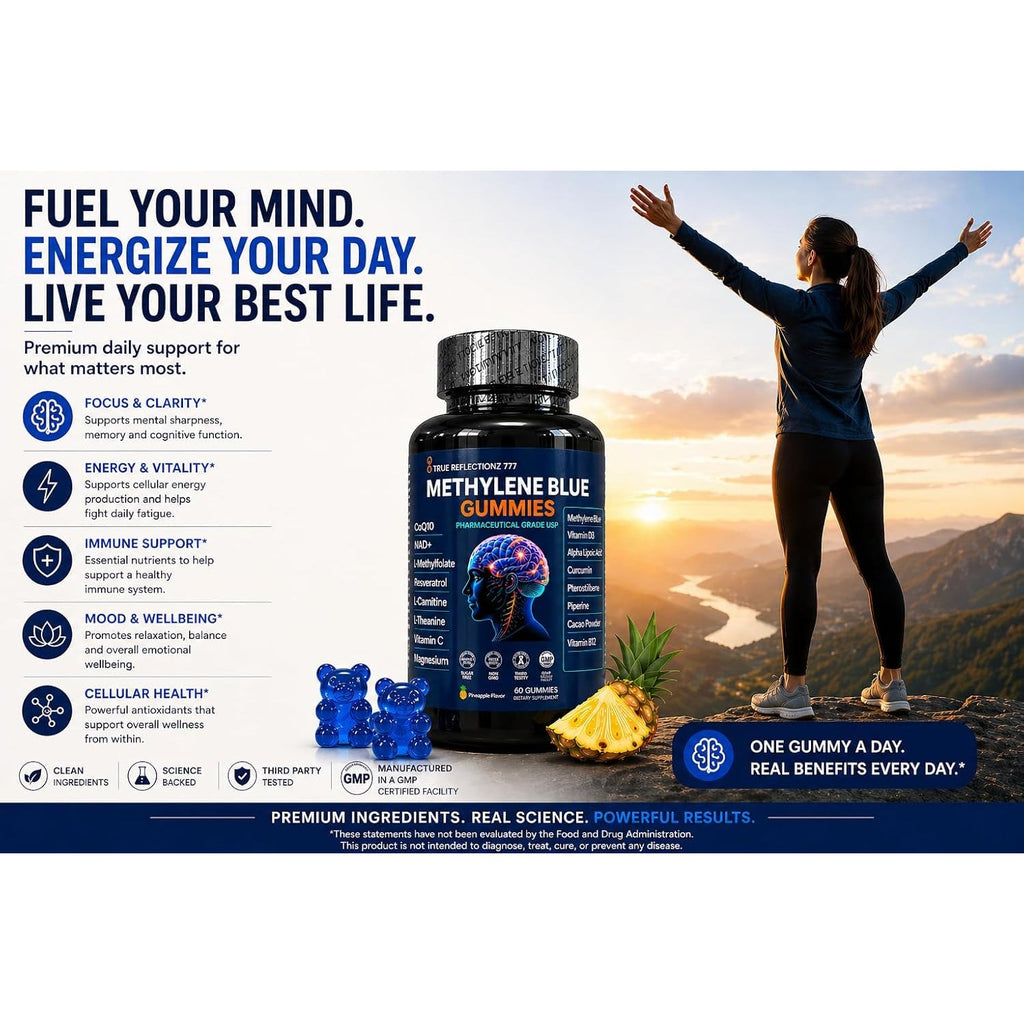 Methylene Blue Gummies 12Mg Cognitive Support W/Added Vitamin C, NAD,L Methylfolate, Methylcobalamin B12, Mitochondrial Support, Brain Health & Focus, Clarity, Methylated Vitamins