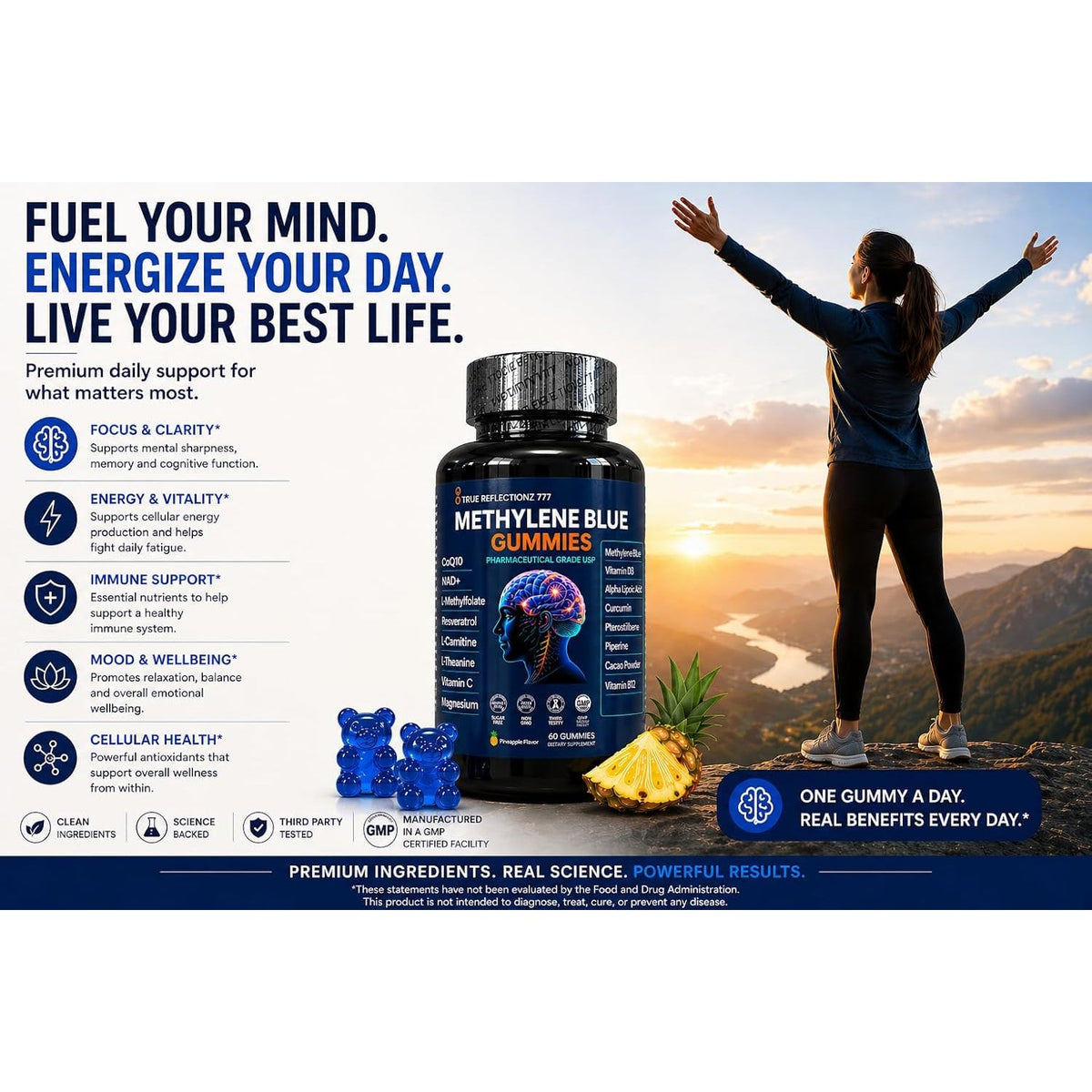 Methylene Blue Gummies 12Mg Cognitive Support W/Added Vitamin C, NAD,L Methylfolate, Methylcobalamin B12, Mitochondrial Support, Brain Health & Focus, Clarity, Methylated Vitamins