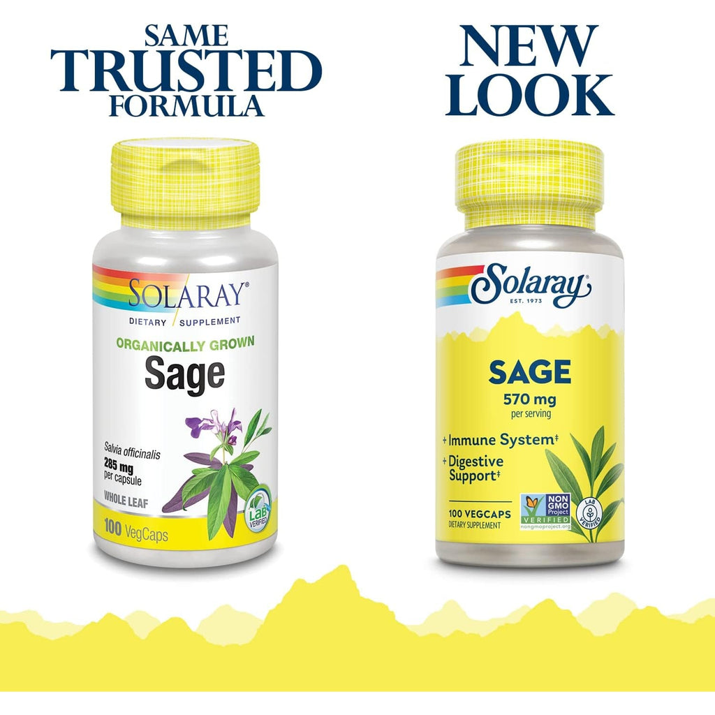 SOLARAY Sage Leaves Supplement for Women & Men - Sage Leaf Capsules, Natural Herbal Support for Immune System, 570 Mg, Non GMO - 100 Veg Caps