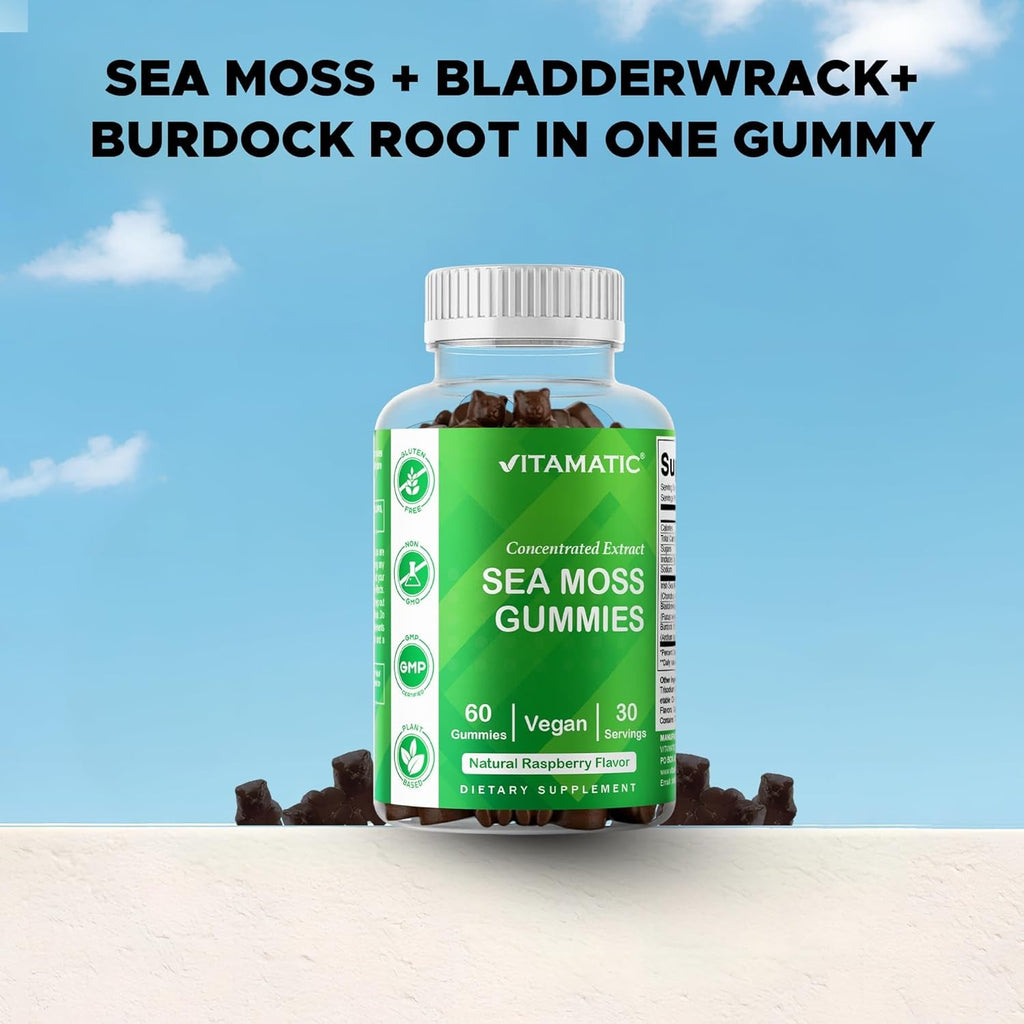 Vitamatic Irish Sea Moss Gummies with Bladderwrack & Burdock Root – Botanical Extract Supplement – Vegan, Non-Gmo – 60 Count