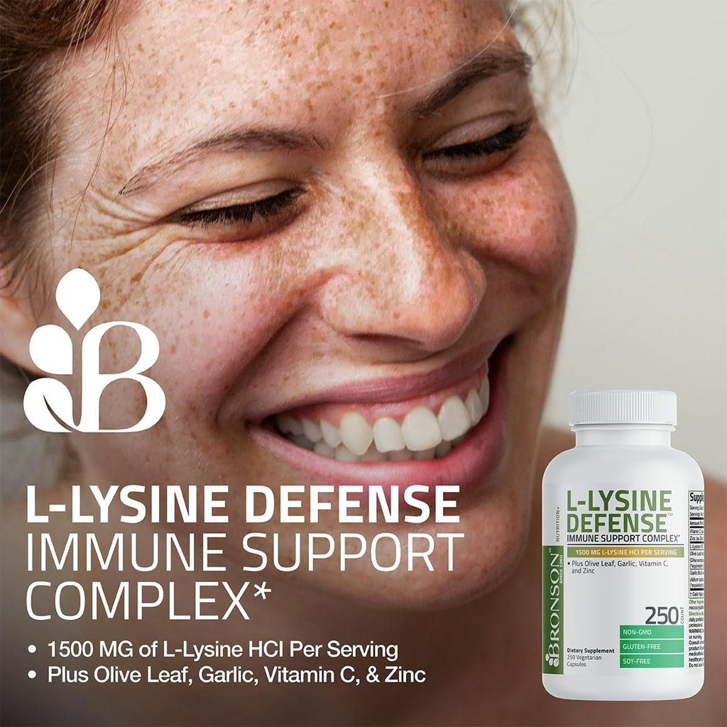 Bronson L-Lysine Defense Immune Support Complex 1500 MG L-Lysine plus Olive Leaf, Garlic, Vitamin C and Zinc - Non-Gmo, 90 Vegetarian Capsules
