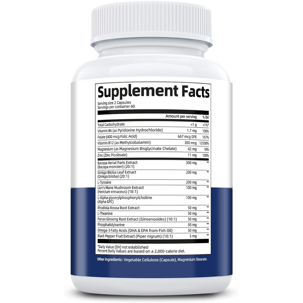 Brain Supplements for Memory and Focus | Nootropic with Bacopa Monnieri, Lion'S Mane, Alpha GPC, Ginkgo Biloba | Mental Clarity & Cognitive Support | Vitamin B6 & B12 Neuro Health - Non-Gmo, 120 Caps