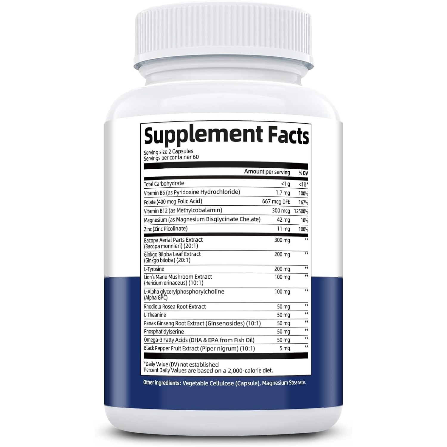 Brain Supplements for Memory and Focus | Nootropic with Bacopa Monnieri, Lion'S Mane, Alpha GPC, Ginkgo Biloba | Mental Clarity & Cognitive Support | Vitamin B6 & B12 Neuro Health - Non-Gmo, 120 Caps