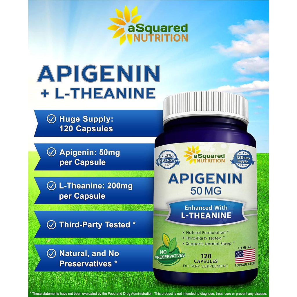 Asquared Nutrition Apigenin 50Mg & L-Theanine 200Mg - 120 Capsules - Apigenin Supplement Pills for Sleep and Relaxation - Natural Bioflavonoid Extract Found in Chamomile Tea