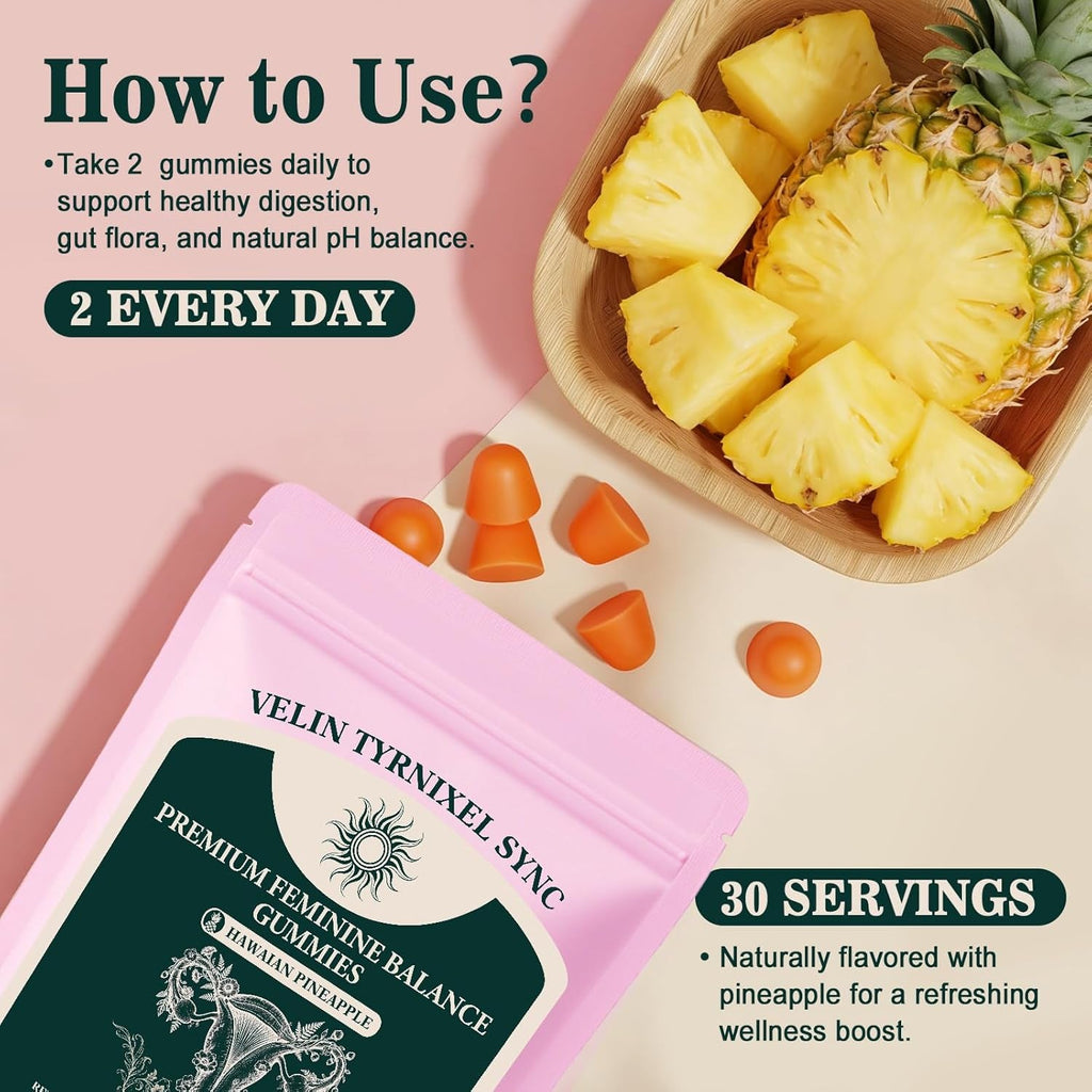 Probiotic Gummies for Women - Vital Prebiotic Source for Feminine Health, Ph Balance & Odor Control - Vegan Daily Digestive & Immune Support, Pineapple Flavor, Sugar-Free, 60 Count
