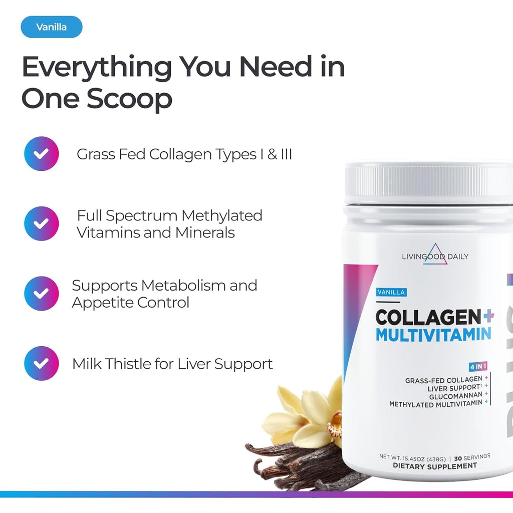 Livingood Daily Collagen Powder for Women and Men, Vanilla, Grass Fed Protein, Hydrolyzed Collagen Peptides with Vitamin C & Multi Vitamins for Hair, Skin, Nail & Gut Health, Gluten Free, 30 Servings