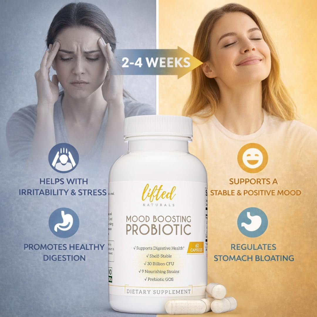 Lifted Naturals Mood Boosting Probiotic 30 Billion CFU - Mood Support Supplement, Prebiotics and Probiotics for Women & Men, Acidophilus Lactobacillus Probiotic, Shelf Stable & Non-Gmo, 60 Capsules