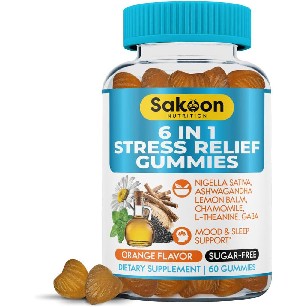 6-In-1 Stress Relief Gummies 60Ct - Aids Relaxation with Ashwagandha, GABA, L-Theanine, Lemon Balm, Chamomile, Black Cumin Seed Nigella Sativa. Improved Deep Sleep, Joint Support - 60 Gummies