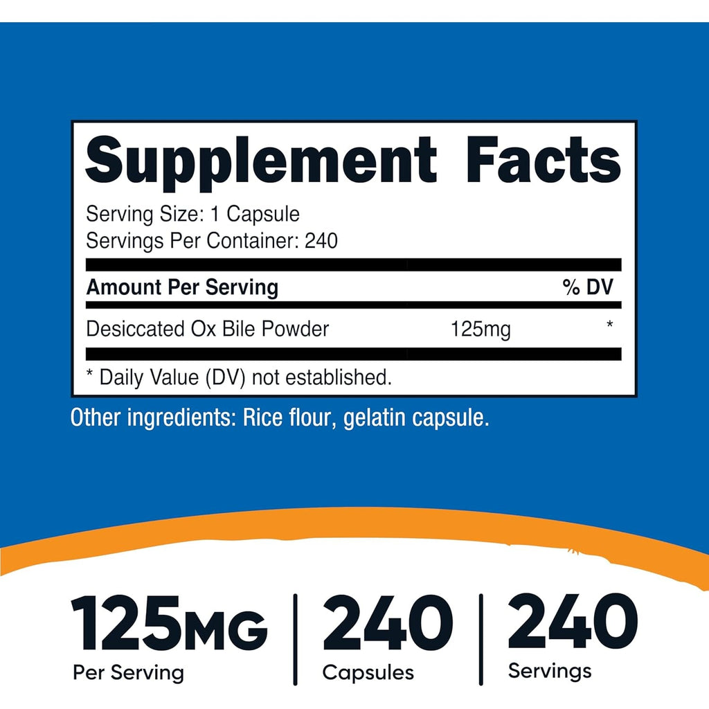 Nutricost Ox Bile Capsules 125Mg, 240 Capsules - Non-Gmo