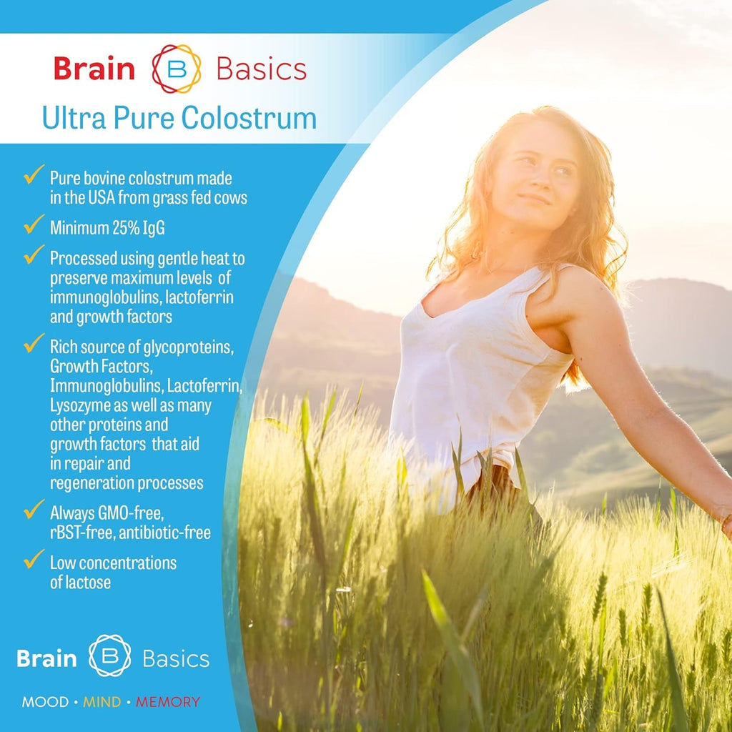 Brain Basics Ultra-Pure Colostrum, 4000Mg per Serving, Min 25% Igg Antibodies, Gut-Brain-Immune Health, Glowing Hair and Skin. Colostrum Powder from Grass-Fed Cows. 360 Grams - 90 Servings