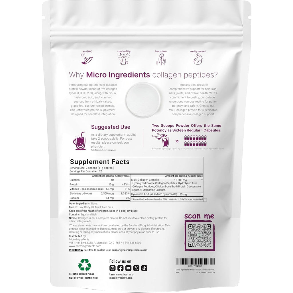 Micro Ingredients Multi Collagen Peptides Powder, 2Lb – Hydrolyzed Type I,II,III,V,X with Biotin, Hyaluronic Acid, Vitamin C – Unflavored Collagen for Women & Men, Easy Dissolve, 82 Servings